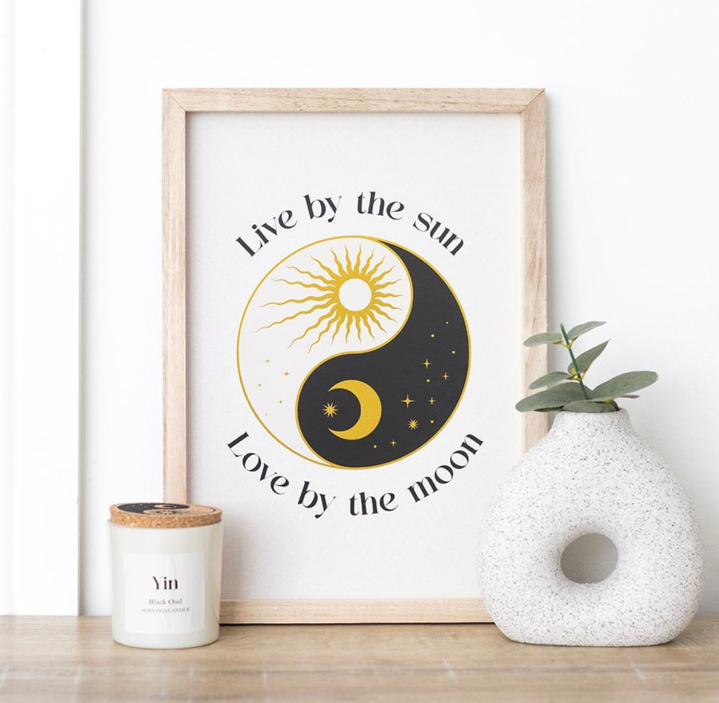 ☯️ Celestial Yin Yang Framed Print – “Live by the Sun, Love by the Moon”