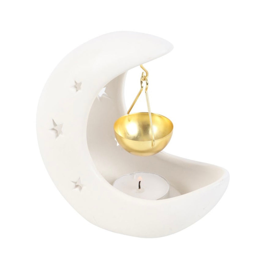 🌙 White Crescent Moon Oil Burner – Celestial Star Cut-Out Design
