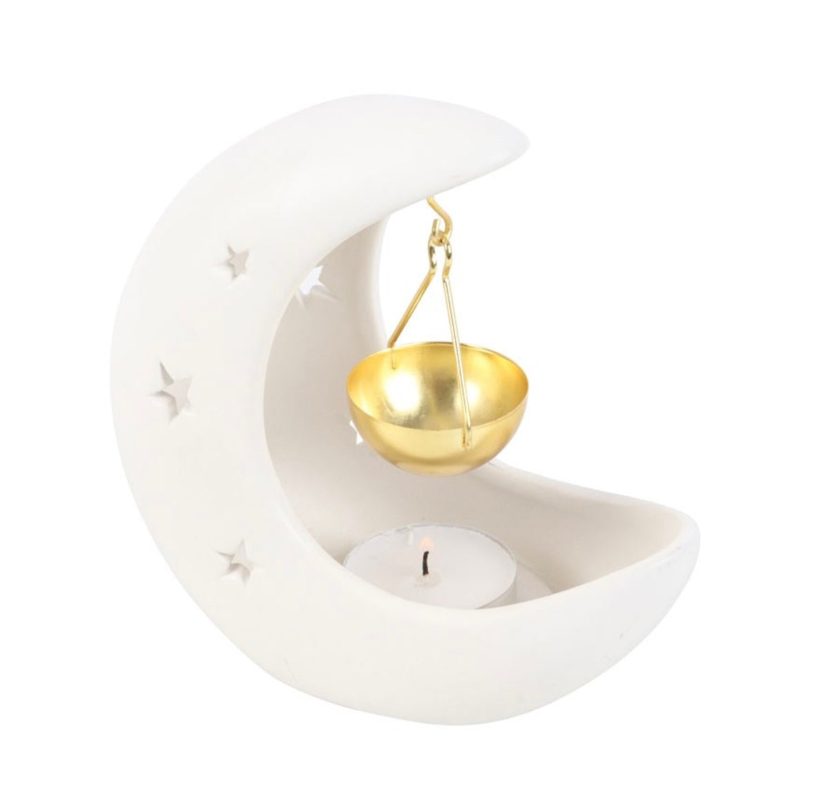 🌙 White Crescent Moon Oil Burner – Celestial Star Cut-Out Design